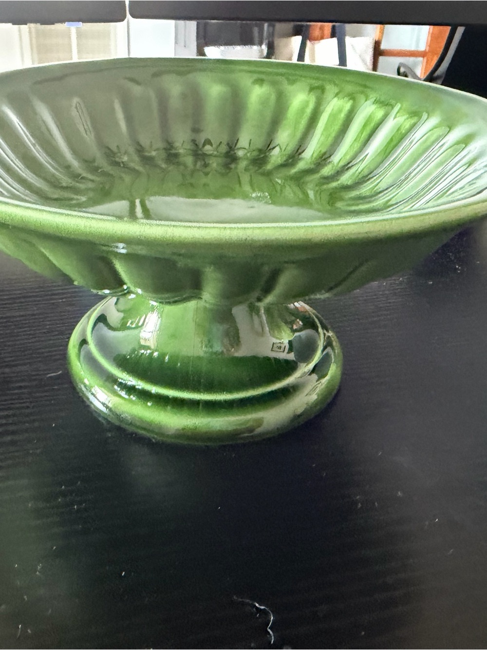 Vintage Italian Pottery Green Pedestal Compote Bowl Fluted MCM Made in Italy 8”